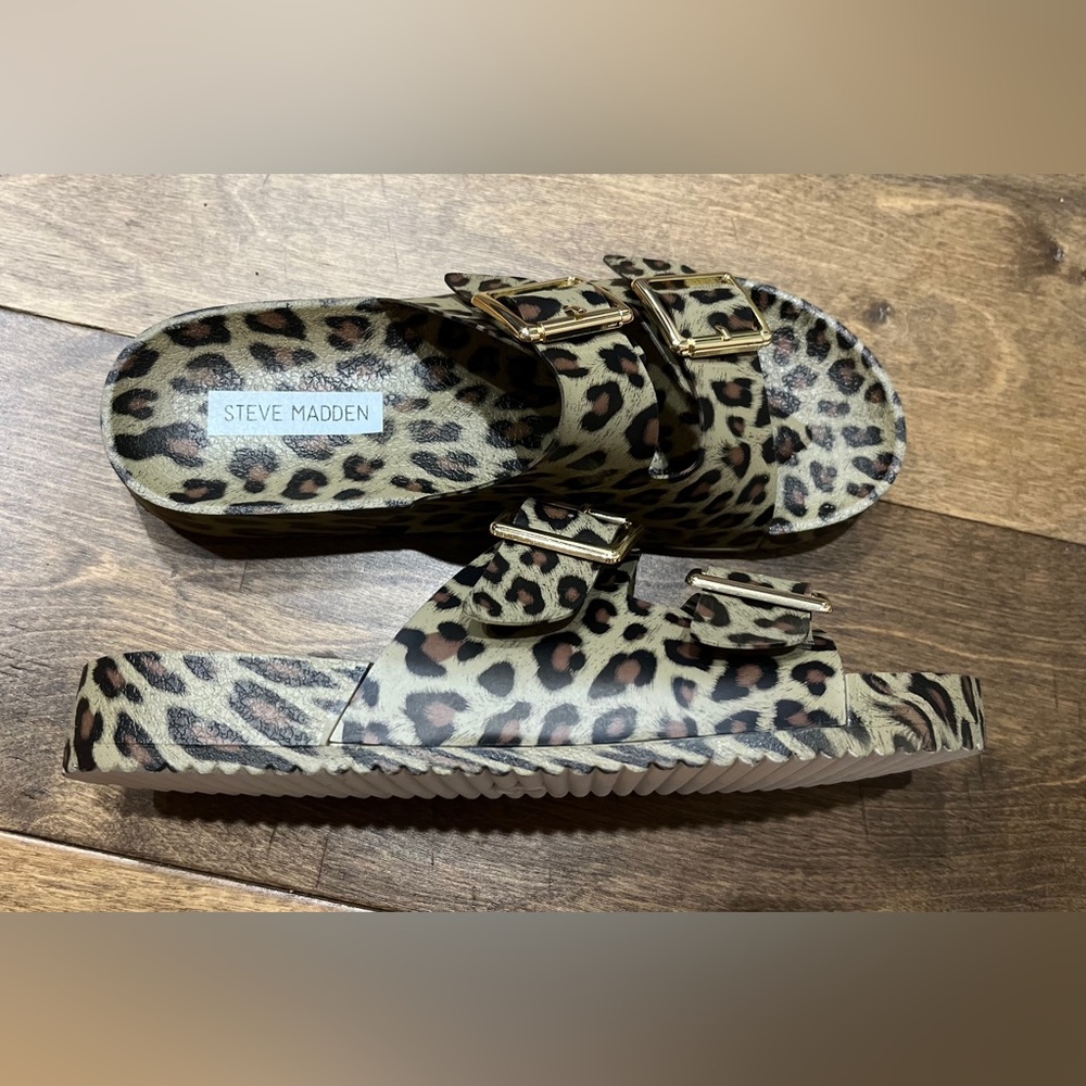 NWOT Steve Madden Evanne Animal Print Slides 1.25” Platform Brown Black Size 8 - Picture 6 of 8